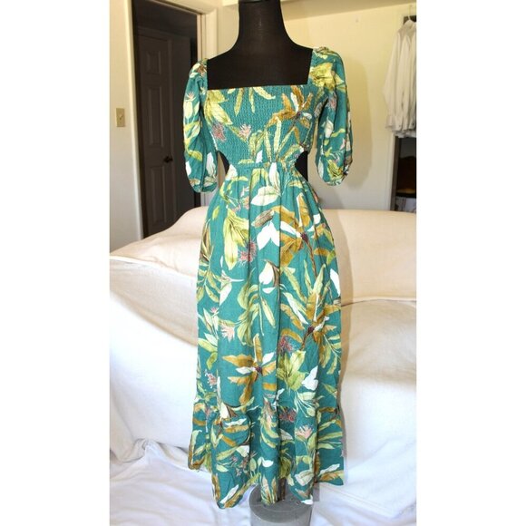 O.P.T Jungle Cut Out Midi Dress Linen Blend Puff Sleeves Hawaiian Floral Size M? - Picture 4 of 11